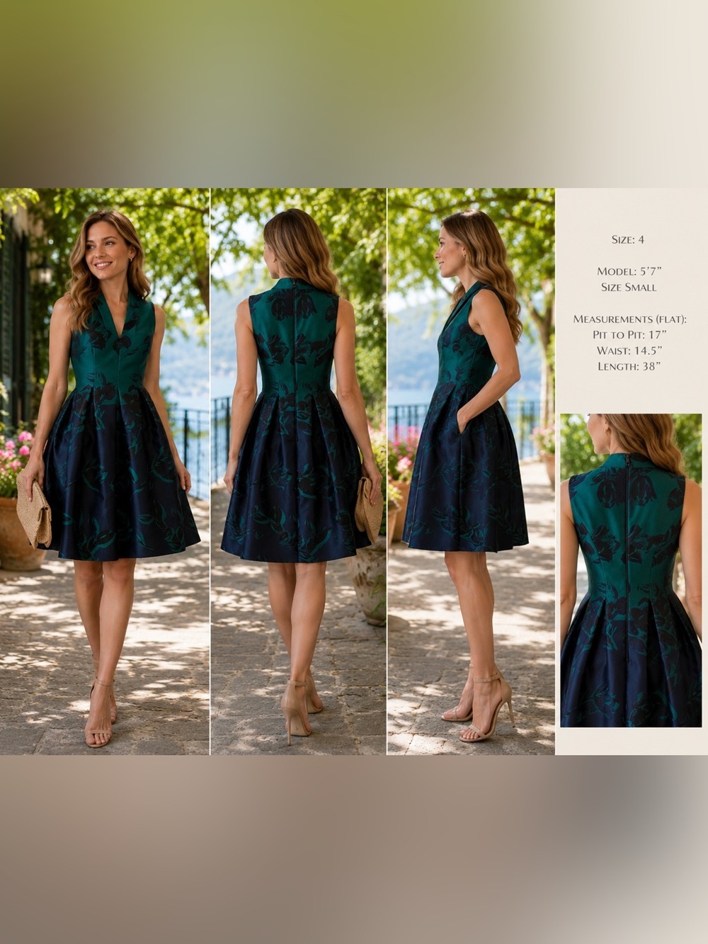 Vince Camuto Emerald & Navy Floral Jacquard Fit & Flare Cocktail Dress Sz 4